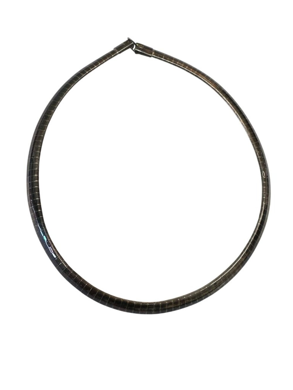 Vintage 70s Metallic Segmented Omega Collar Necklace In Oxidized Silver Tone